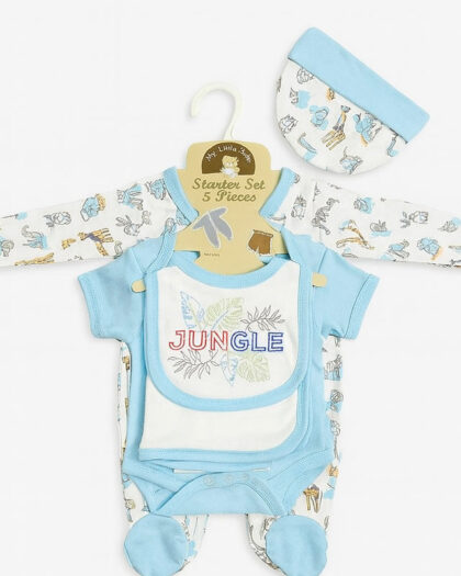 Starter Set for Baby– 5 Piece Light Blue White | Baby Girl and Boy| Gift Set for Baby | Jungle