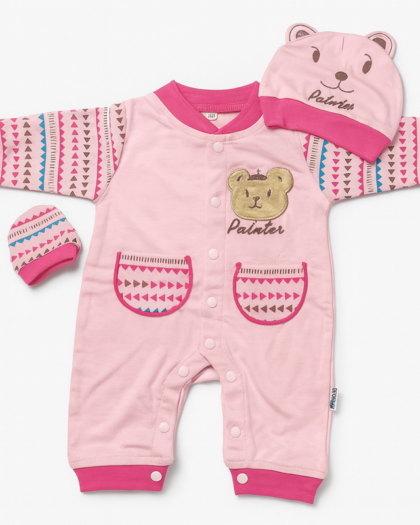 Baby 3 Piece Full Sleeves Romper Set | Cap | Mittens | Pink