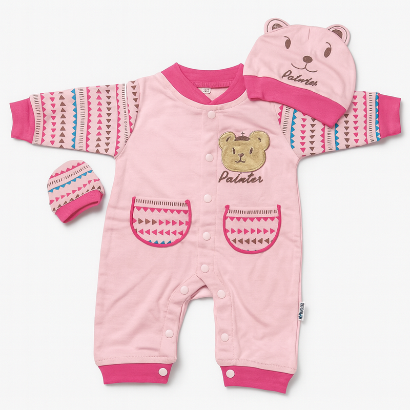 Baby 3 Piece Full Sleeves Romper Set | Cap | Mittens | Pink