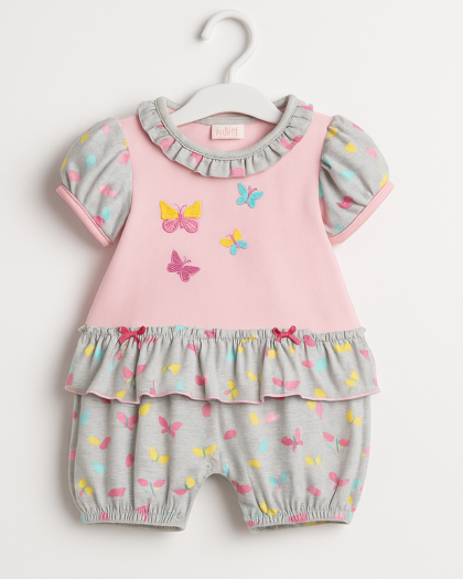 Pink & Grey Butterfly Frock Style Romper Suit for Baby Girls | Imported Baby Girl Clothes in Pakistan
