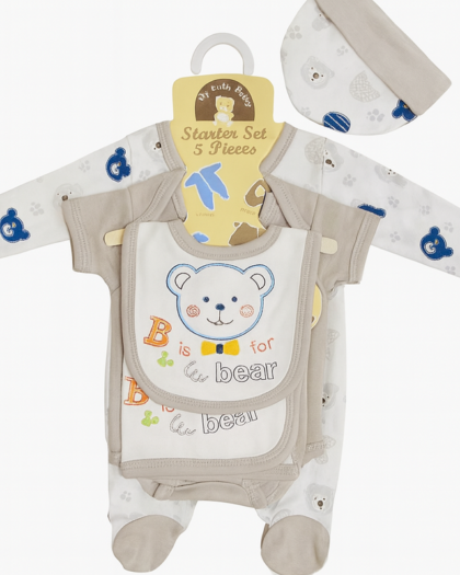 Starter Set for Baby– 5 Piece Grey White | Baby Girl and Boy| Gift Set for Baby |Bear