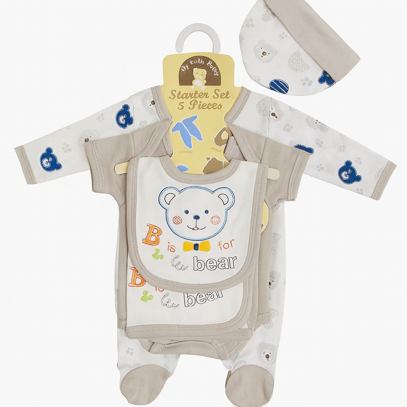 Starter Set for Baby– 5 Piece Grey White | Baby Girl and Boy| Gift Set for Baby |Bear