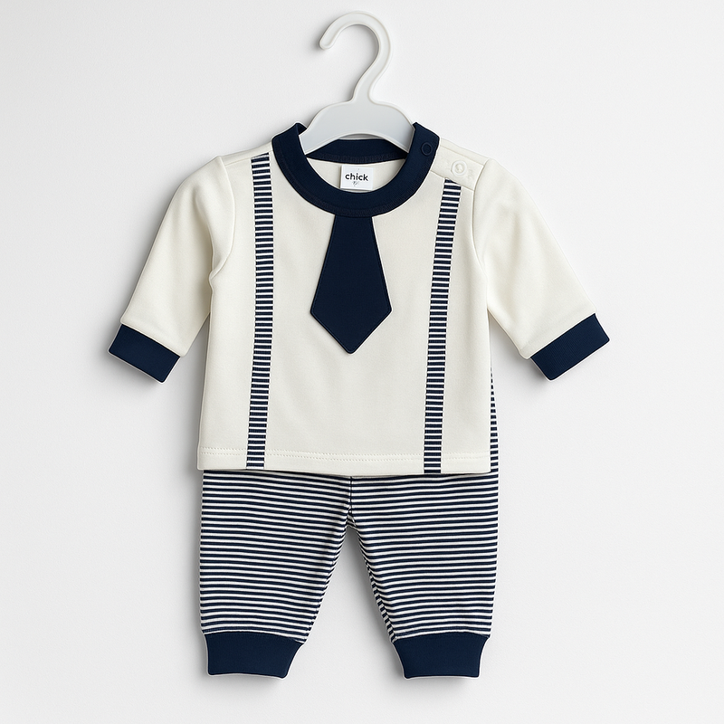 Baby Boy / Girl Pajama Shirt Tie Style | White Dark Blue