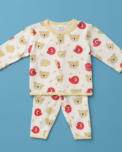 Baby Full Sleeves Pajama Set Cotton | Red Yellow Bear | Lounge Wear for Toddlers