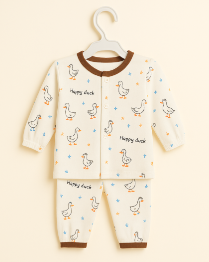Baby Full Sleeves Pajama Set Cotton | White Brown Duck  | Lounge Wear for Toddlers |