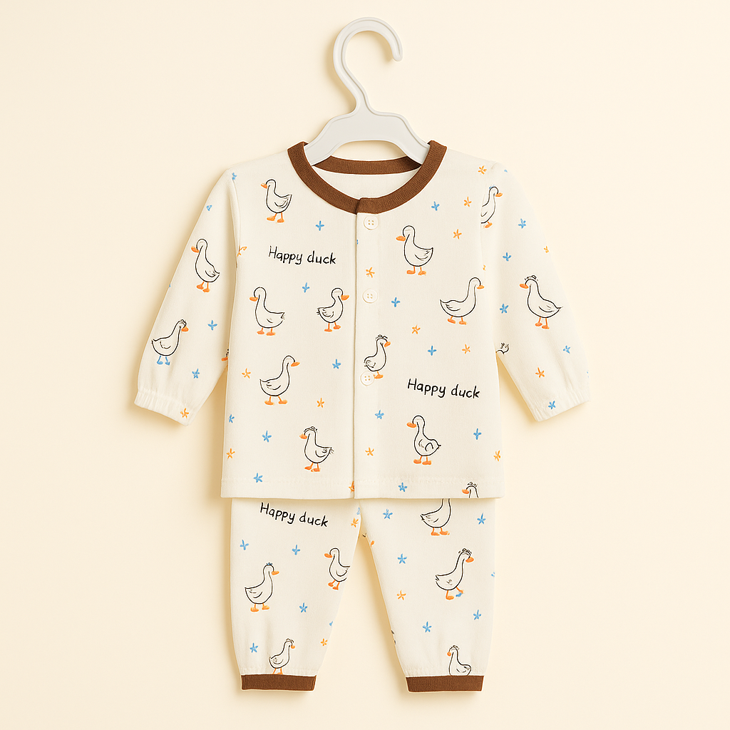 Baby Full Sleeves Pajama Set Cotton | White Brown Duck | Lounge Wear for Toddlers |