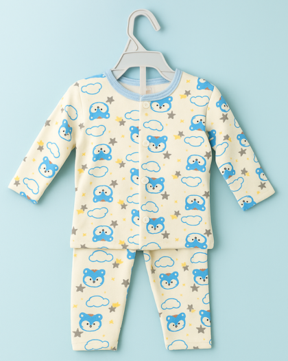 Baby Full Sleeves Pajama Set Cotton | Blue White Bear | Lounge Wear for Toddlers | Night Suit