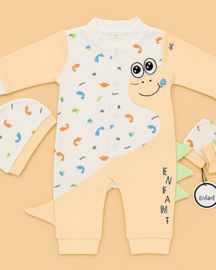 Baby 3 Piece Full Sleeves Romper Set | Cap | Mittens | Orange