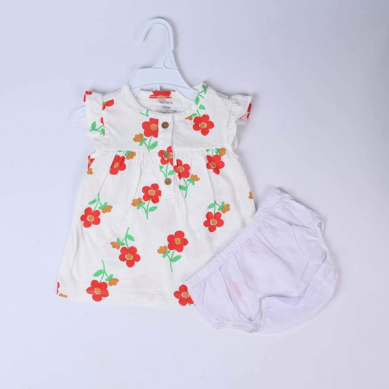 Red Cotton flower Frock 2 Piece Set - Image 3