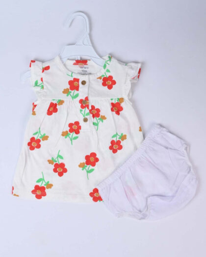 Red Cotton flower Frock 2 Piece Set