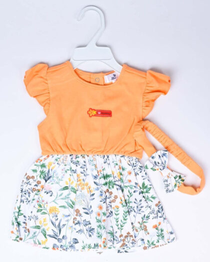Infant Orange floral Girls Frock With Head Band | Imported