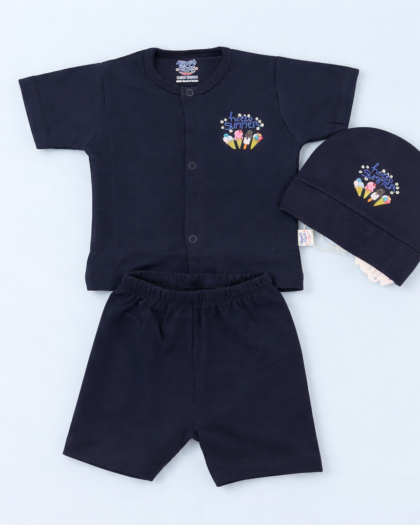 3 pc Newborn Set Navy Blue | Shirt | Shorts | Cap | For Baby Boy / Girl