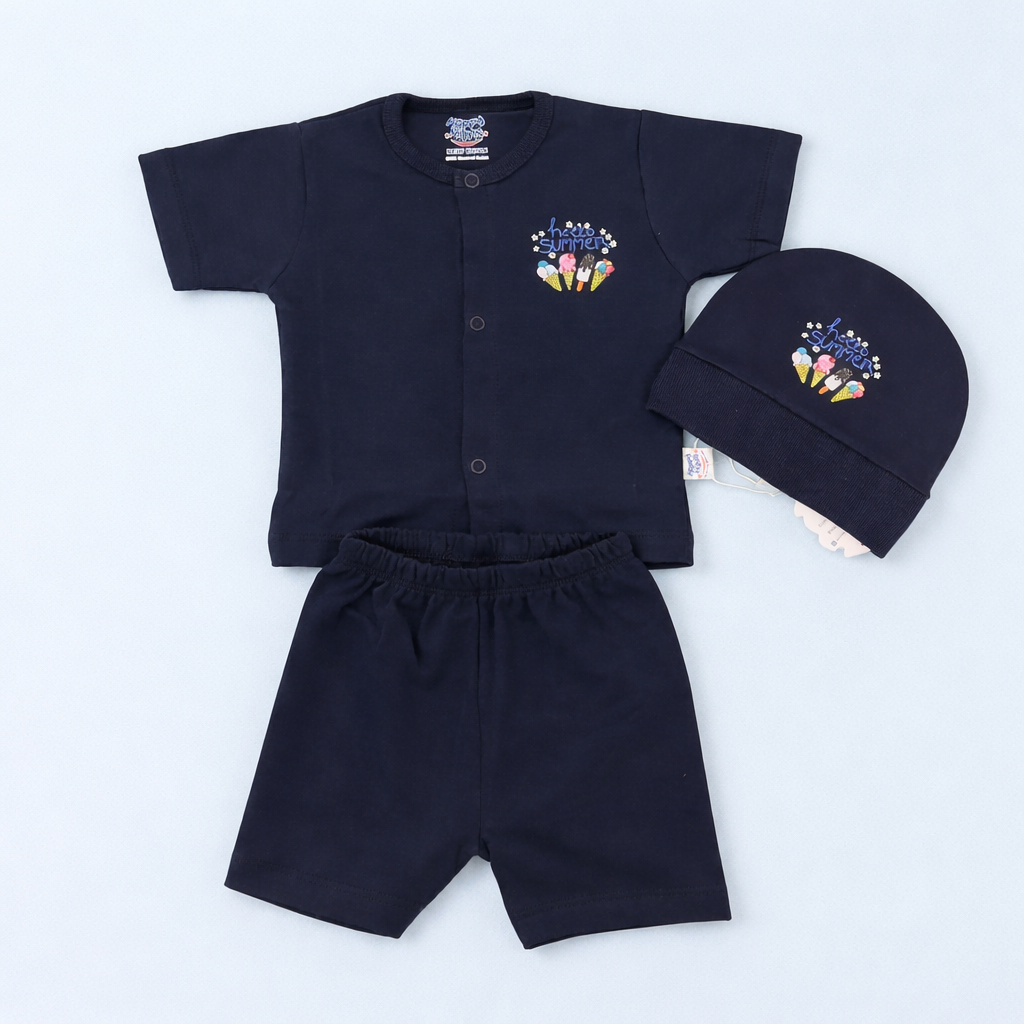 3 pc Newborn Set Navy Blue | Shirt | Shorts | Cap | For Baby Boy / Girl - Image 2