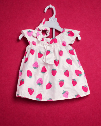 Red Strawberry Design Frock for Baby Girl | 3 pc. Head Band | Matching Shorts