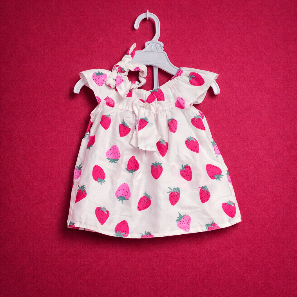 Red Strawberry Design Frock for Baby Girl | 3 pc. Head Band | Matching Shorts - Image 2