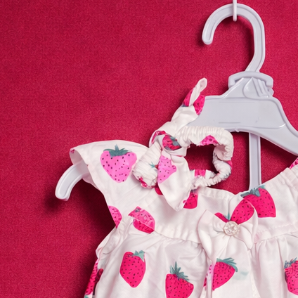 Red Strawberry Design Frock for Baby Girl | 3 pc. Head Band | Matching Shorts - Image 3