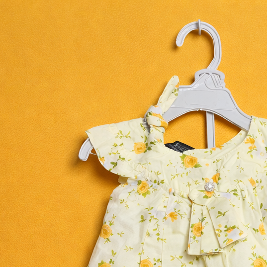 Yellow Floral Frock for Baby Girl | 3 pc. Head Band | Matching Shorts - Image 3