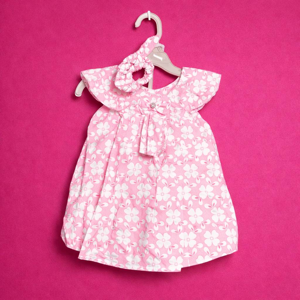 3 PC Pink Floral Frock for Baby Girl | Head Band | Matching Shorts - Image 2