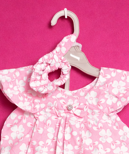 3 PC Pink Floral Frock for Baby Girl | Head Band | Matching Shorts