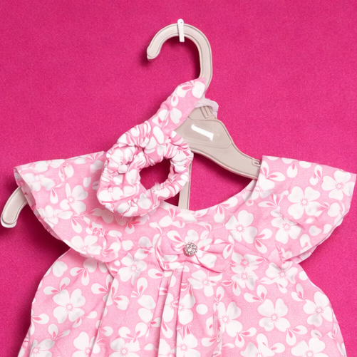 3 PC Pink Floral Frock for Baby Girl | Head Band | Matching Shorts