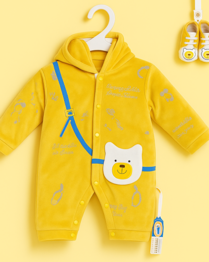 Baby Hoodie Body Suit With Shoes | Yellow Romper | Winter Baby Clothes
