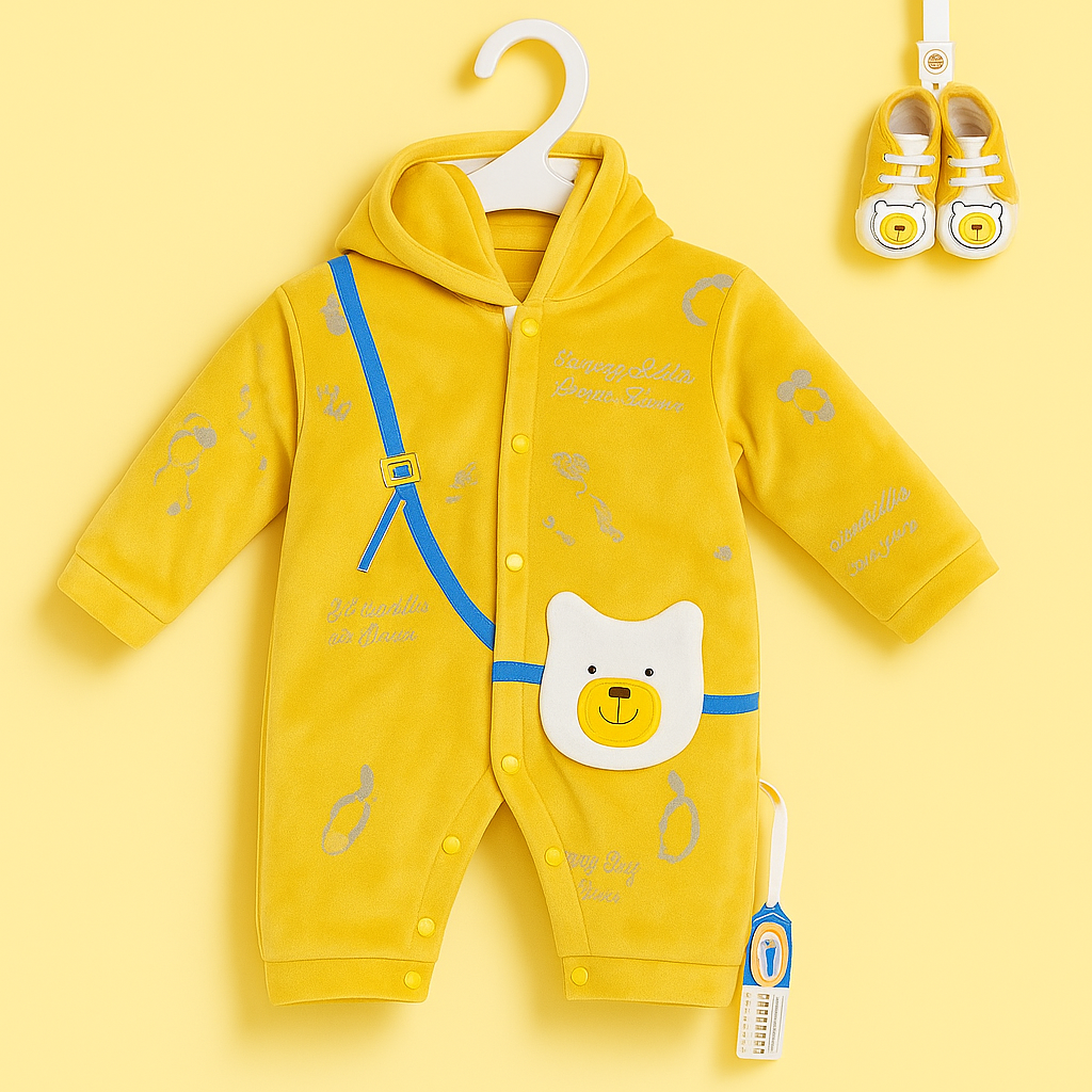 Baby Hoodie Body Suit With Shoes | Yellow Romper | Winter Baby Clothes