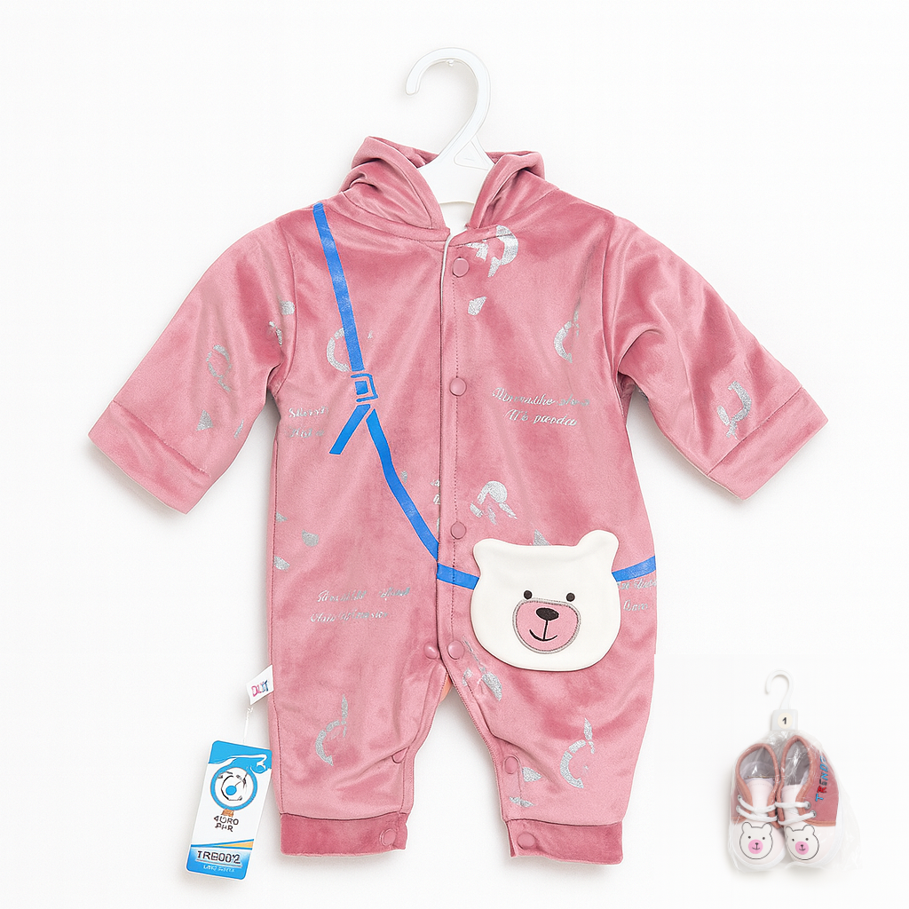 Baby Hoodie Body Suit With Shoes | Pink | New Born Baby Clothes