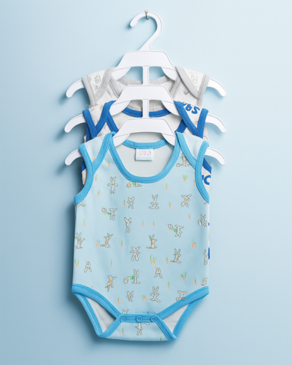 Set of 3 Sleeveless Body Suit For Baby Girls and Boys | Blue and Grey | Baby Rompers