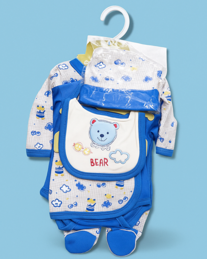 Newborn Baby Starter Set – 5 Piece Blue White Bear | Imported Baby Clothes in Pakistan