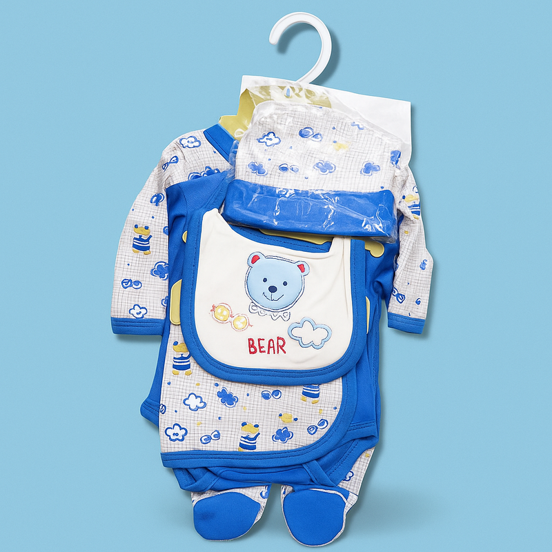 Newborn Baby Starter Set – 5 Piece Blue White Bear | Imported Baby Clothes in Pakistan