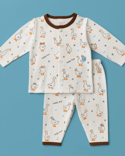 Baby Full Sleeves Pajama Set Cotton | White Brown Duck  | Lounge Wear for Toddlers |