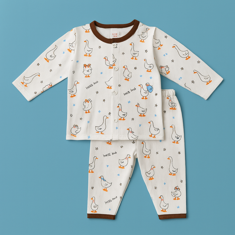 Baby Full Sleeves Pajama Set Cotton | White Brown Duck | Lounge Wear for Toddlers |