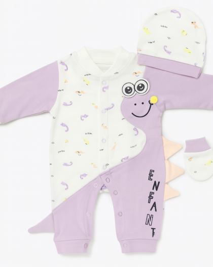 Baby 3 Piece Full Sleeves Romper Set | Cap | Mittens | Purple